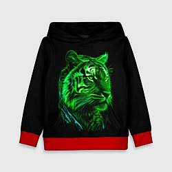Толстовка-худи детская Нейросеть: неоновый зелёный тигр, цвет: 3D-красный