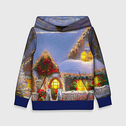 Толстовка-худи детская Украшенный новогодний коттедж и снежные сугробы, цвет: 3D-синий