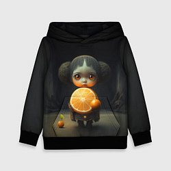 Толстовка-худи детская Девочка с мандарином в руках, цвет: 3D-черный