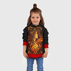 Толстовка-худи детская Девушка в стиле ар-нуво с огнем и осенними листьям, цвет: 3D-красный — фото 2