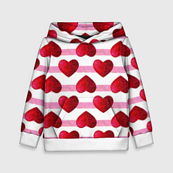 Толстовка-худи детская Сердечки и полоски - паттерн на день святого вален, цвет: 3D-белый