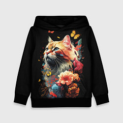 Толстовка-худи детская Рыжий кот в цветах, цвет: 3D-черный