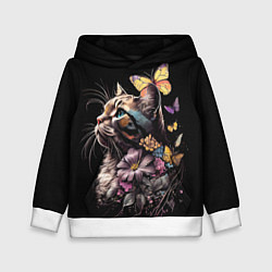 Толстовка-худи детская Голубоглазый кот в цветах, цвет: 3D-белый