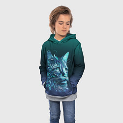 Толстовка-худи детская Неоновый кот: фиолетовые и бирюзовые линии, цвет: 3D-меланж — фото 2