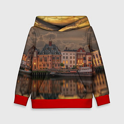 Толстовка-худи детская Мирный город на воде и тучи, цвет: 3D-красный