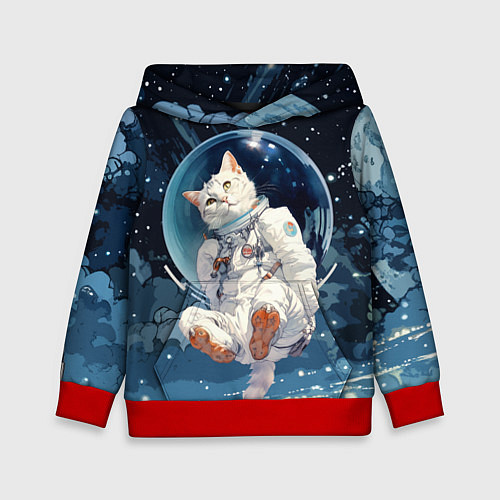Детская толстовка Белый кот космонавт в невесомости / 3D-Красный – фото 1