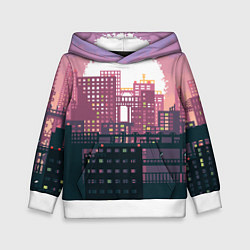 Толстовка-худи детская Пиксельный пейзаж города - закат, цвет: 3D-белый