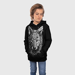 Толстовка-худи детская Волк в черно-белом орнаменте, цвет: 3D-черный — фото 2
