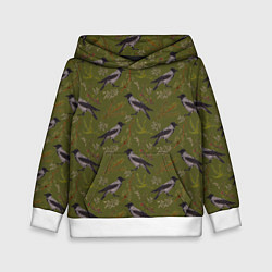 Толстовка-худи детская Вороны и еловые веточки, цвет: 3D-белый