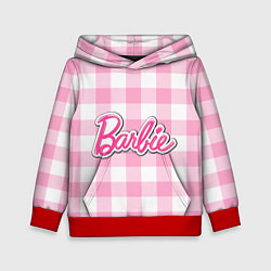 Толстовка-худи детская Барби лого розовая клетка, цвет: 3D-красный