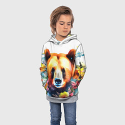 Толстовка-худи детская Морда медведя гризли с цветами акварелью, цвет: 3D-меланж — фото 2