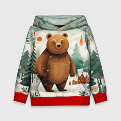 Толстовка-худи детская Рождественский мишка фолк-арт, цвет: 3D-красный