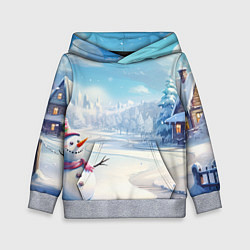 Толстовка-худи детская Новогодний пейзаж снеговик, цвет: 3D-меланж