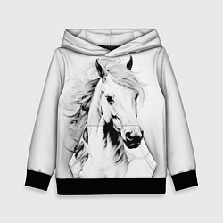 Толстовка-худи детская Лошадь белая на ветру, цвет: 3D-черный