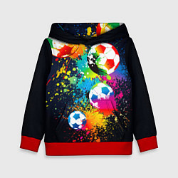 Толстовка-худи детская Разноцветные футбольные мячи, цвет: 3D-красный