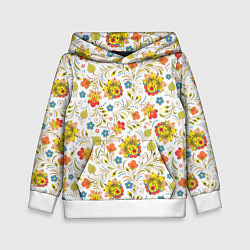 Толстовка-худи детская Хохломская роспись разноцветные цветы на белом фон, цвет: 3D-белый