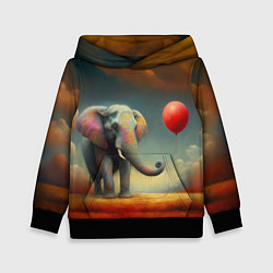 Толстовка-худи детская Грустный слон и красный шарик, цвет: 3D-черный