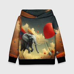 Толстовка-худи детская Сюрреалистичный слон летит за шариком, цвет: 3D-черный
