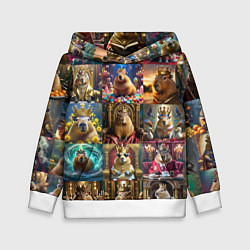 Толстовка-худи детская Коллаж много капибар в короне, цвет: 3D-белый