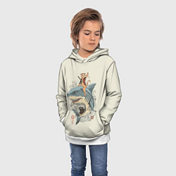 Толстовка-худи детская Кот якудза верхом на акуле, цвет: 3D-белый — фото 2