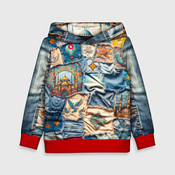 Толстовка-худи детская Джинсы в Турции - пэчворк, цвет: 3D-красный