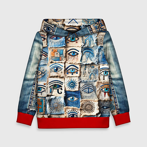 Детская толстовка Глаза на пэчворк дениме / 3D-Красный – фото 1