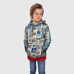 Толстовка-худи детская Глаза на пэчворк дениме, цвет: 3D-красный — фото 2