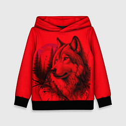 Толстовка-худи детская Рисунок волка на красном, цвет: 3D-черный