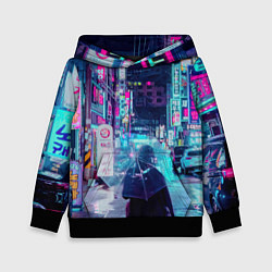Толстовка-худи детская Дождливый неоновый вечер в Японии, цвет: 3D-черный