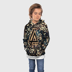 Толстовка-худи детская Linkin park на фоне рун масок черепов и молота тор, цвет: 3D-белый — фото 2