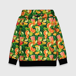 Толстовка-худи детская Летний лимонад паттерны, цвет: 3D-черный