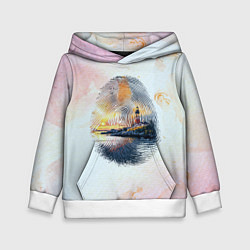 Толстовка-худи детская Маяк у моря на закате в отпечатке пальца, цвет: 3D-белый