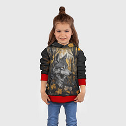 Толстовка-худи детская Благородный волк в осеннем лесу, цвет: 3D-красный — фото 2