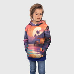 Толстовка-худи детская Летний домик пальмы закат, цвет: 3D-синий — фото 2