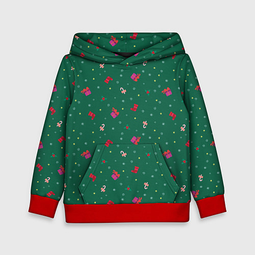 Детская толстовка Новогодний паттерн с милыми вещами на зеленом фоне / 3D-Красный – фото 1