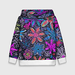 Толстовка-худи детская Неоновые абстрактные снежинки, цвет: 3D-белый