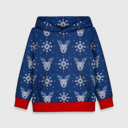 Толстовка-худи детская Вязаный зимний узор с оленями и снежинками, цвет: 3D-красный