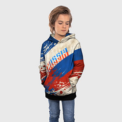 Толстовка-худи детская Надпись Россия на фоне цветов флага, цвет: 3D-черный — фото 2
