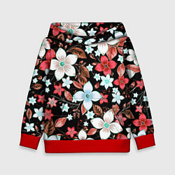 Толстовка-худи детская Красно-белые цветы на чёрном фоне, цвет: 3D-красный