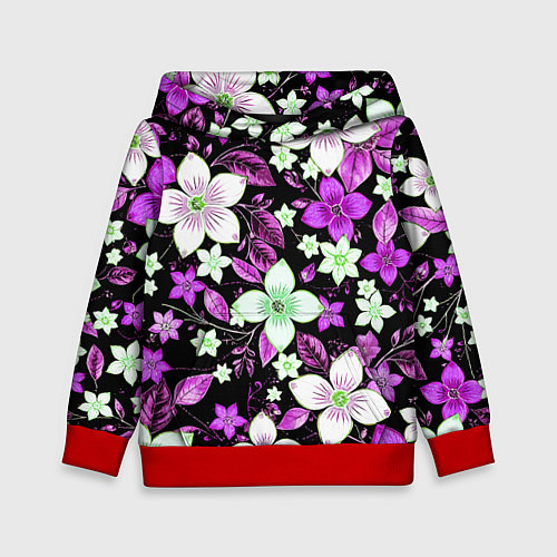 Детская толстовка Фиолетово-белые цветы на чёрном фоне / 3D-Красный – фото 1