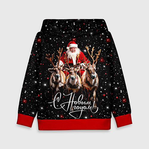 Детская толстовка Санта Клаус на упряжке с оленями / 3D-Красный – фото 1