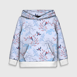 Толстовка-худи детская Снегири и зимние ветки, цвет: 3D-белый
