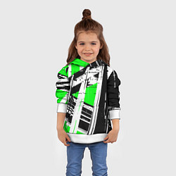 Толстовка-худи детская Чёрно-белые абстрактные линии на зелёном фоне, цвет: 3D-белый — фото 2