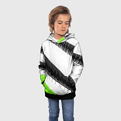 Толстовка-худи детская Диагональные чёрно-белые полосы на зелёном фоне, цвет: 3D-черный — фото 2