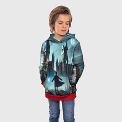 Толстовка-худи детская Гарри Поттер перед Хогвартсом - нейроарт фантазия, цвет: 3D-красный — фото 2