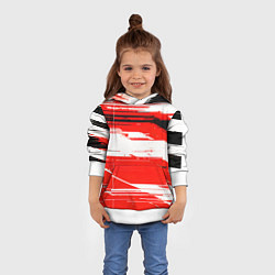 Толстовка-худи детская Горизонтальные чёрно-белые линии на красном фоне, цвет: 3D-белый — фото 2