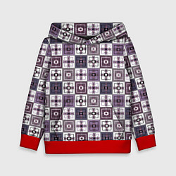 Толстовка-худи детская Серый сиреневый геометрический узор пэчворк, цвет: 3D-красный