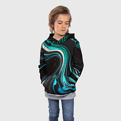 Толстовка-худи детская Волнистые бело-голубые линии на чёрном фоне, цвет: 3D-меланж — фото 2
