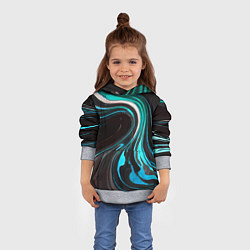 Толстовка-худи детская Волнистые бело-голубые линии на чёрном фоне, цвет: 3D-меланж — фото 2