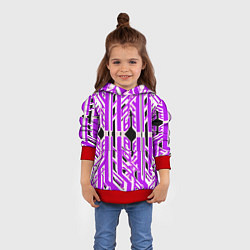 Толстовка-худи детская Бело-фиолетовые техно полосы на чёрном фоне, цвет: 3D-красный — фото 2